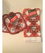 Spring pot holder set 3 pc Grill Eat Chill Repeat Home Collection red - $15.59