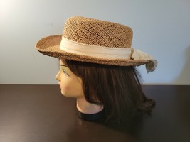 Women&#39;s Tan Straw Hat with Beige Back Tied Sash - £11.69 GBP