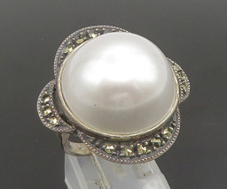 JUDITH JACK 925 Silver - Vintage Cultured Pearl &amp; Marcasite Ring Sz 7.5-... - £69.73 GBP