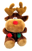 Fun World Christmas Reindeer Moose 11" Seated Brown Stuffed Plush Corduroy Bow - $14.20