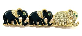 Vintage Craft Signed Elephant Brooch – Black Enamel &amp; Rhinestone Parade Pin - $15.95