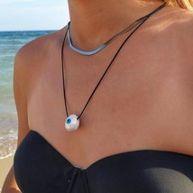 Greek Island Necklace with White Round Ceramic Pendant, Subtle Blue Evil Eye Cer - £18.00 GBP