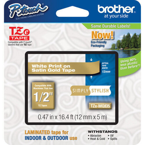 Brother TZMQ835 1/2" white on satin gold TZ tape PT1400 PT2730 PT18R PT2730VP