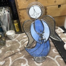 Vintage Free Standing Blue &amp; White Stained Glass Angel w/ Halo 10.5 “ Tall - $21.99