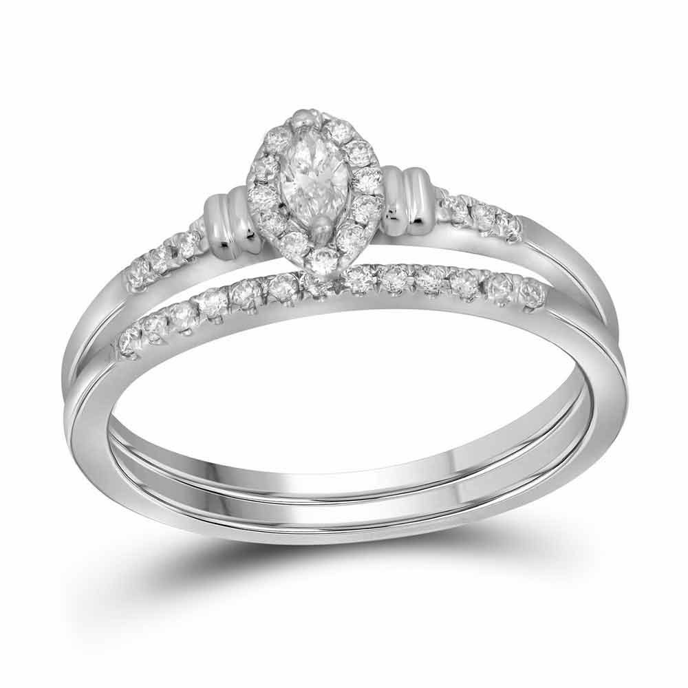 10k White Gold Marquise Diamond Bridal Wedding Engagement Ring Band Set 1/5 Ctw