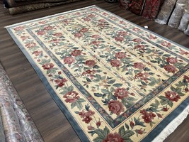 Chinese Wool Rug 8x11 Vintage 1960s Carpet Cream and Teal Floral Garden 120 Line - £1,606.16 GBP