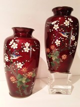 Japanese Ginbari Cloisonne Red Vases with Birds and flowers - £539.81 GBP