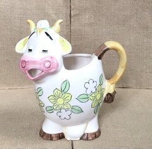 Vintage Kitsch Happy Cow Milk Pitcher Floral Funny Country Kitchen Cotta... - $27.72