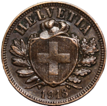 Switzerland 2 Rappen, 1918 Unc ~Over 100 Years Old~Original Mint Luster~... - $23.51
