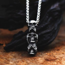 Skull Don&#39;t Speak/Hear/See Pendant Necklace Stainless Steel Jewelry Chain 24&quot; - £9.51 GBP