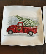 Maxcera Dinner Plate Ceramic Square Scalloped Red Truck Christmas Tree New - £15.73 GBP