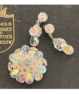 Vendome AB Clear Glass Bead Cluster Floral Brooch Clip Dangle Earring Set - £120.19 GBP