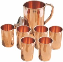 Pure Copper Jug 1.5 Litre and 6 Tumbler Glass Set for Ayurveda Health benefit - £35.30 GBP