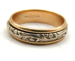 14k Camelot Ring Two Tone Floral Engrave Yellow White Gold Wedding Band Sz 11.5 - $483.72