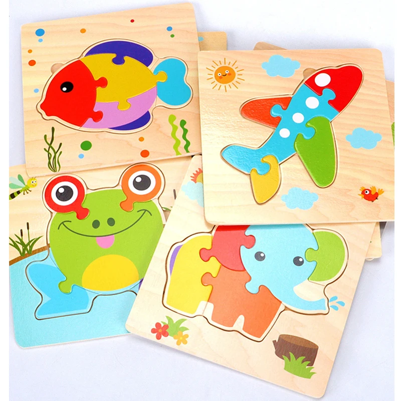 Play 15X15CM Baby Play Wooden Puzzle Cartoon Animal Traffic Montessori Jigsaw 3D - £23.68 GBP