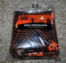 Halloween Tablecloth Black Spiderweb Orange Pumpkin Round 60&quot; Vinyl - £7.82 GBP
