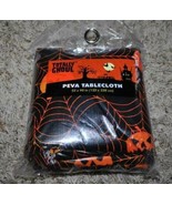 Halloween Tablecloth Black Spiderweb Orange Pumpkin Round 60&quot; Vinyl - £7.88 GBP