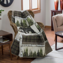 Cozy Donna Sharp Bear Panels Throw Blanket Quilted Plaid Lodge Cabin Brown Green - £44.64 GBP