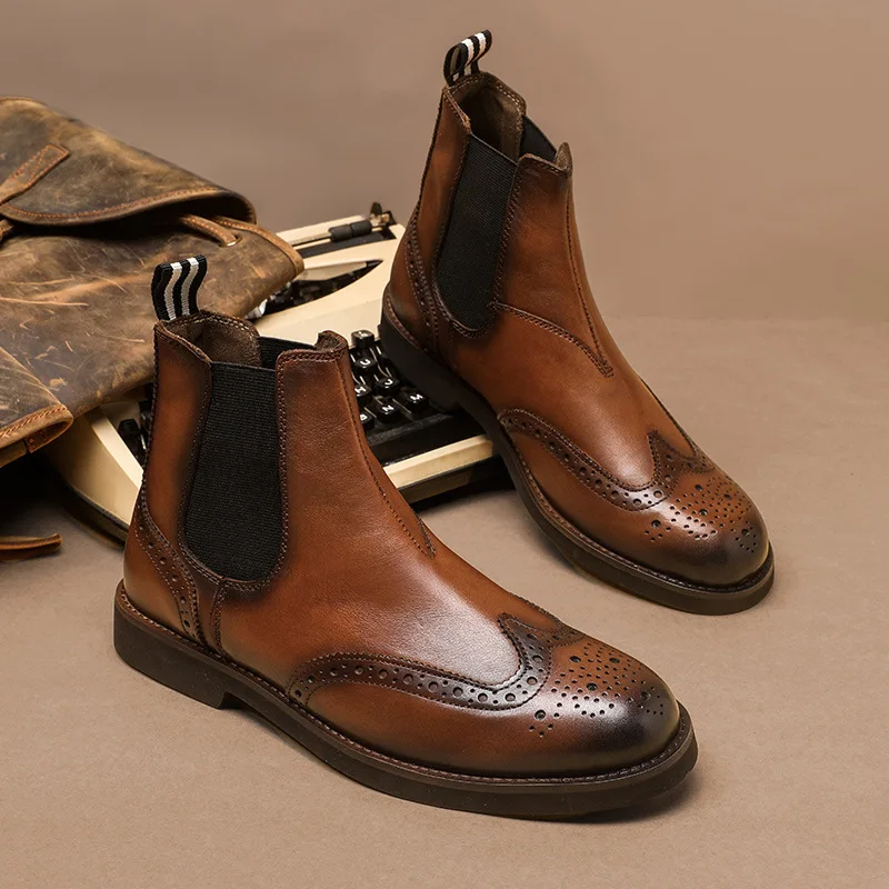 Retro British Style Mens Boots Platform Handmade Leather Handmade Designer Round - £242.62 GBP