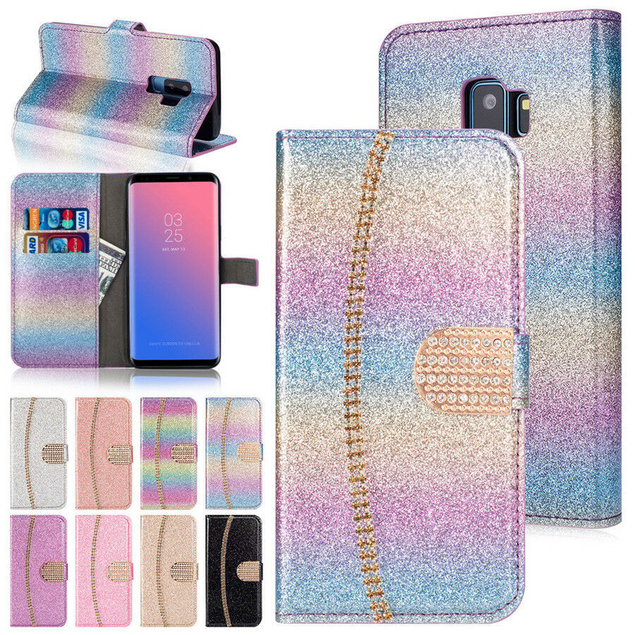 Bling Glitter Leather Flip Wallet Card Slot Cover Case For Samsung Galaxy Phones