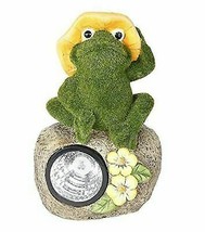 Whimsical Flocked Grass Toad Frog On Rock Garden Statue With Solar LED Light - £33.85 GBP