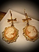 Light Coral with Bone Colored Cameos, gold tone Dangle Earrings - £12.17 GBP