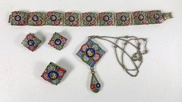 Vintage ITALY Micromosaic Tile Bracelet Drop Pendant Earrings Pin Micro Mosaic - £151.27 GBP