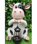 Country Farm Whimsical Holstein Cow Statue Holding Solar LED Lantern Lig... - $111.65 CAD