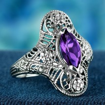 Natural Marquise Amethyst Vintage Style Filigree Cocktail Ring in Solid 9K Gold - £520.95 GBP