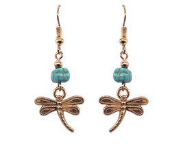 Gold Colored Dragonfly Metal Charm Chip Stone Dangle Earrings - Womens Fashion H - £11.64 GBP