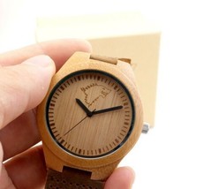 Wooden Bamboo Watch godzilla Head Quartz Analog bobo bird Leather Strap ... - $35.99