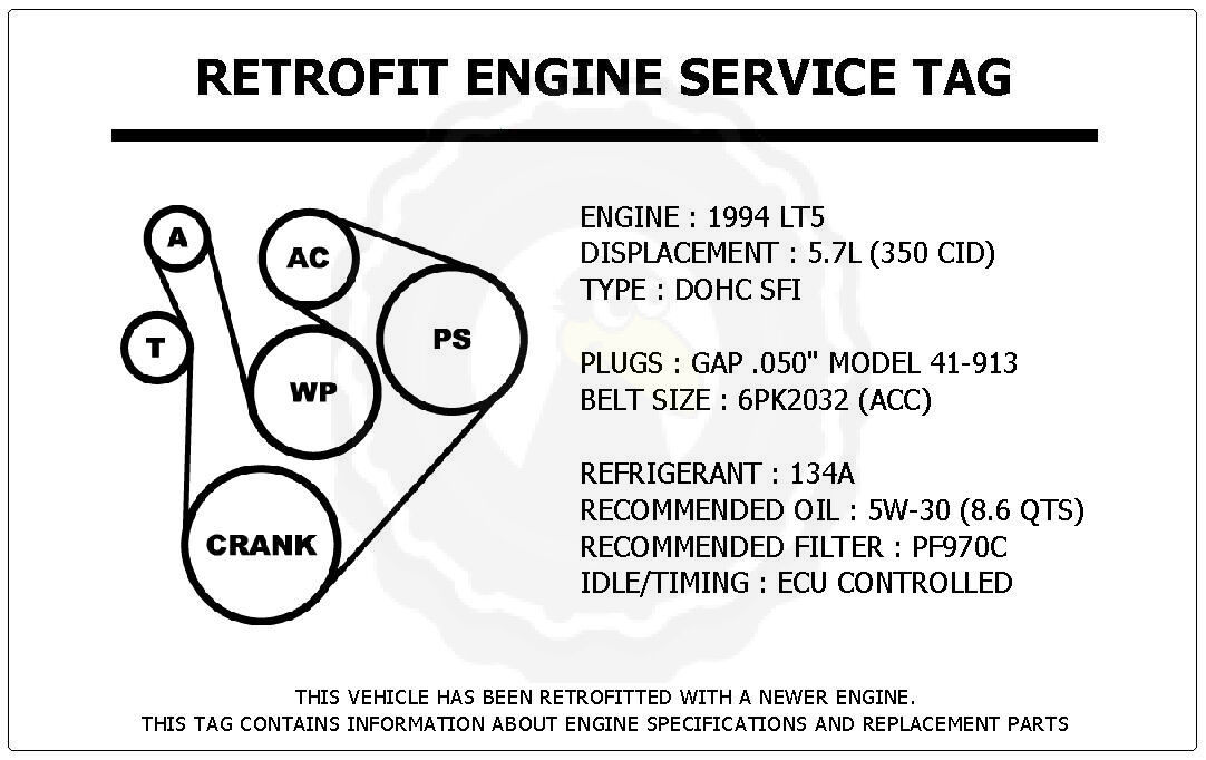 1994 LT5 5.7L Corvette Retrofit Engine Service Tag Belt Routing Diagram ... - $14.95