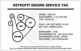 1994 LT5 5.7L Corvette Retrofit Engine Service Tag Belt Routing Diagram Decal - $14.95