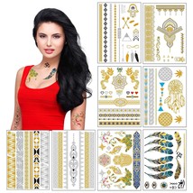 Metallic Temporary Tattoos for Women Teens Girls 8 Sheets Gold Silver Temporary  - £16.57 GBP