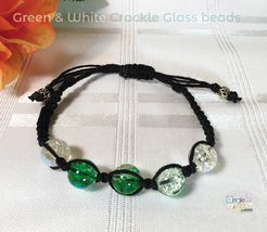 Green &amp; White Glass Crackle Beads Adjustable Macramé Bracelet with Black Hemp  - £7.89 GBP