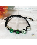 Green &amp; White Glass Crackle Beads Adjustable Macramé Bracelet with Black... - £7.85 GBP