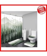 4Pc Green Misty Forest Shower Curtain Set with Rugs &amp; 12 Hooks - Tranqui... - $645.29 MXN