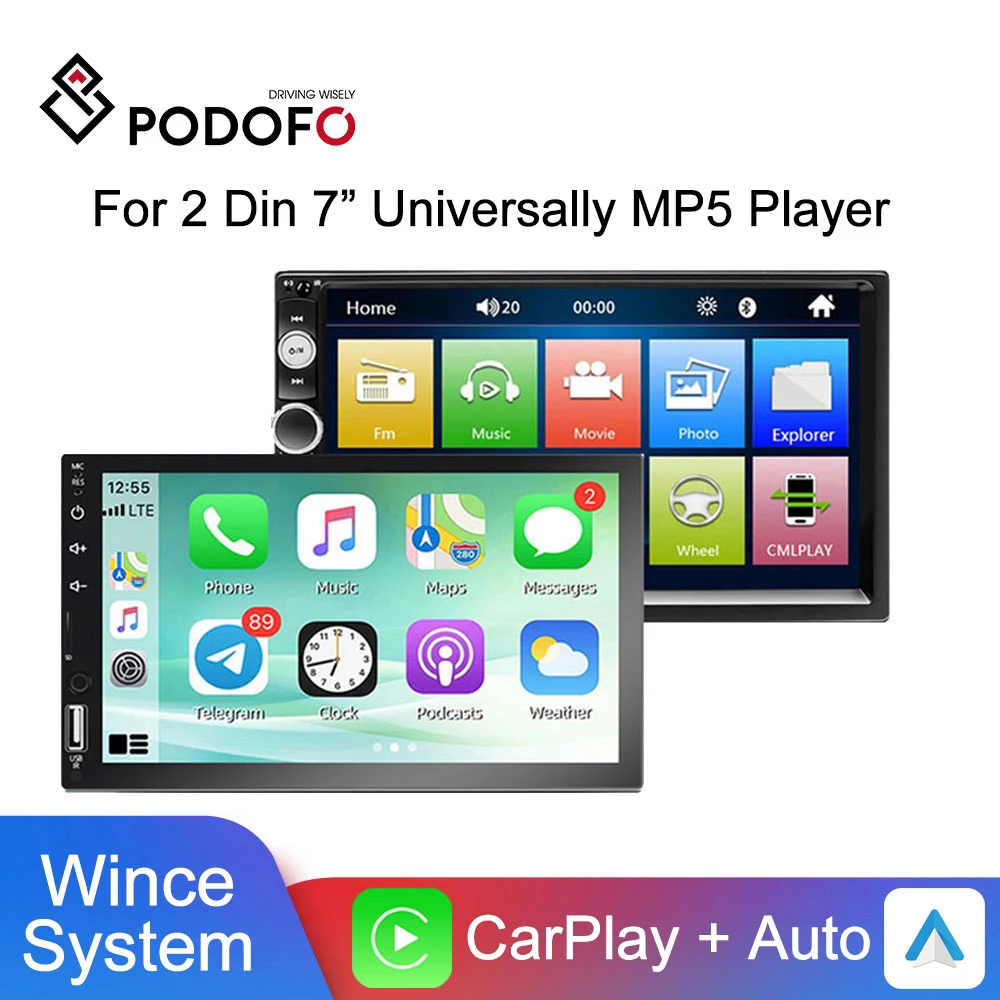 Podofo 2 din CarPlay Android Auto Car Radio 7&quot; Autoradio Multimedia Player MP5 - £44.14 GBP+