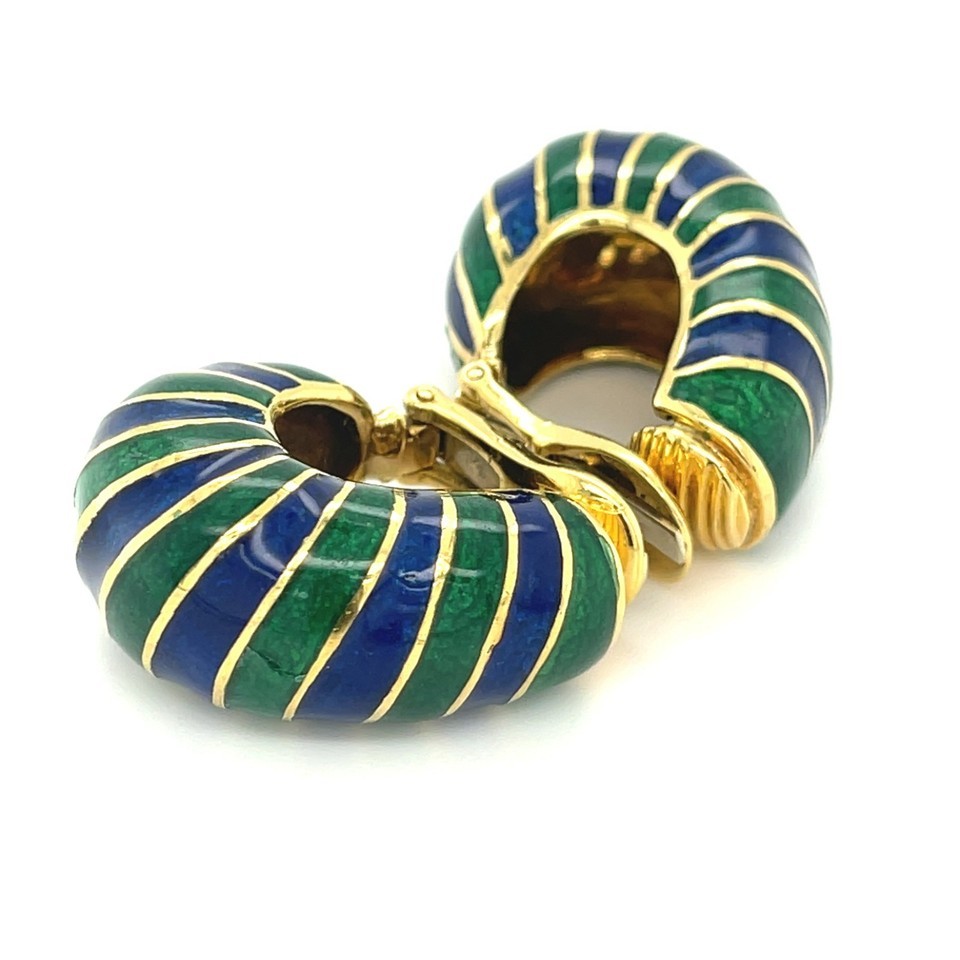 David Webb 18k Yellow Gold Blue and Green Enamel Huggie Earrings Gorgeous! Item image 9