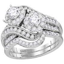 14k White Gold Round Diamond 2-Stone Halo Bridal Wedding Engagement Ring Set - £2,014.60 GBP