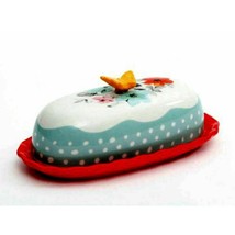Pioneer Woman Flea Market Butterfly Butter Dish Stoneware Floral Lid Red... - $18.07