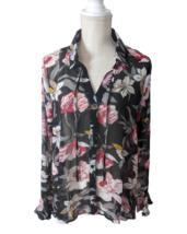UMGEE Womens Size M Black Floral Sheer Long Sleeve Blouse Top Fluted Cuffs - £19.38 GBP