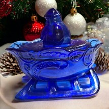 Vintage Cobalt Blue Glass Santa on Sleigh Covered Candy Nut Trinket Dish 5.25&quot; L - £18.68 GBP