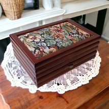 Tapestry Wood Jewelry Box Floral Inlaid Top Velvet Lined MCM Vintage Brocade  - £38.87 GBP