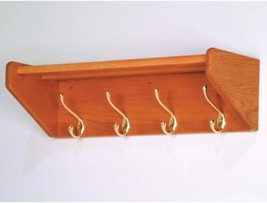 Medium Oak Wooden Mallet 25&quot; 4-Brass Hook Shelf. - £82.55 GBP