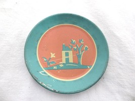Vintage Miniature Pink and Blue Tin Litho Plate House Tree and Flower - £10.26 GBP