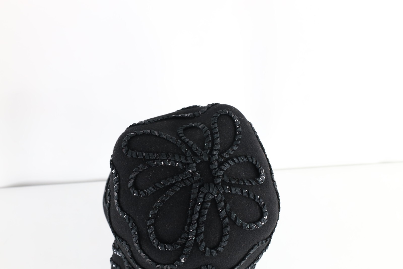 Vintage 50s Rockabilly Wool Felt Sequined Flower Bucket Hat Cap Black Womens USA Item image 5