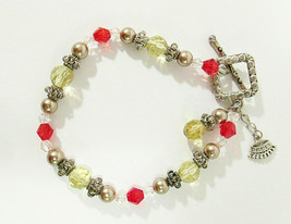 Red, Gold Tone, Clear Beaded Bracelet Silver Tone Accents Toggle Closure 8&quot; - £6.27 GBP