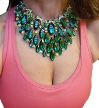 Green Statement Necklace, Bridal Rhinestone Necklace, Stage Pageant Jewelry, Gif - $115.98