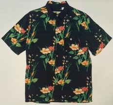 Joe Marlin Hawaiian Aloha Shirt Men&#39;s Size L Multicolor Floral Black Background - £12.19 GBP